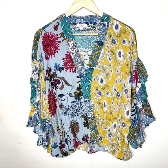 Umgee Floral Print Sage Mixed Patchwork Boho Top - Picture 5 of 16